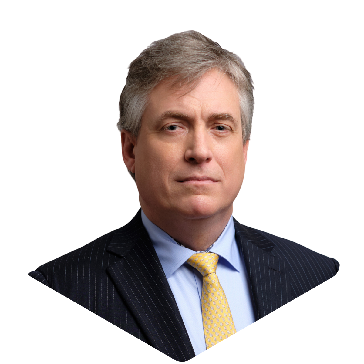 Portrait of a mature man in a suit with a yellow tie, looking serious against a plain background.