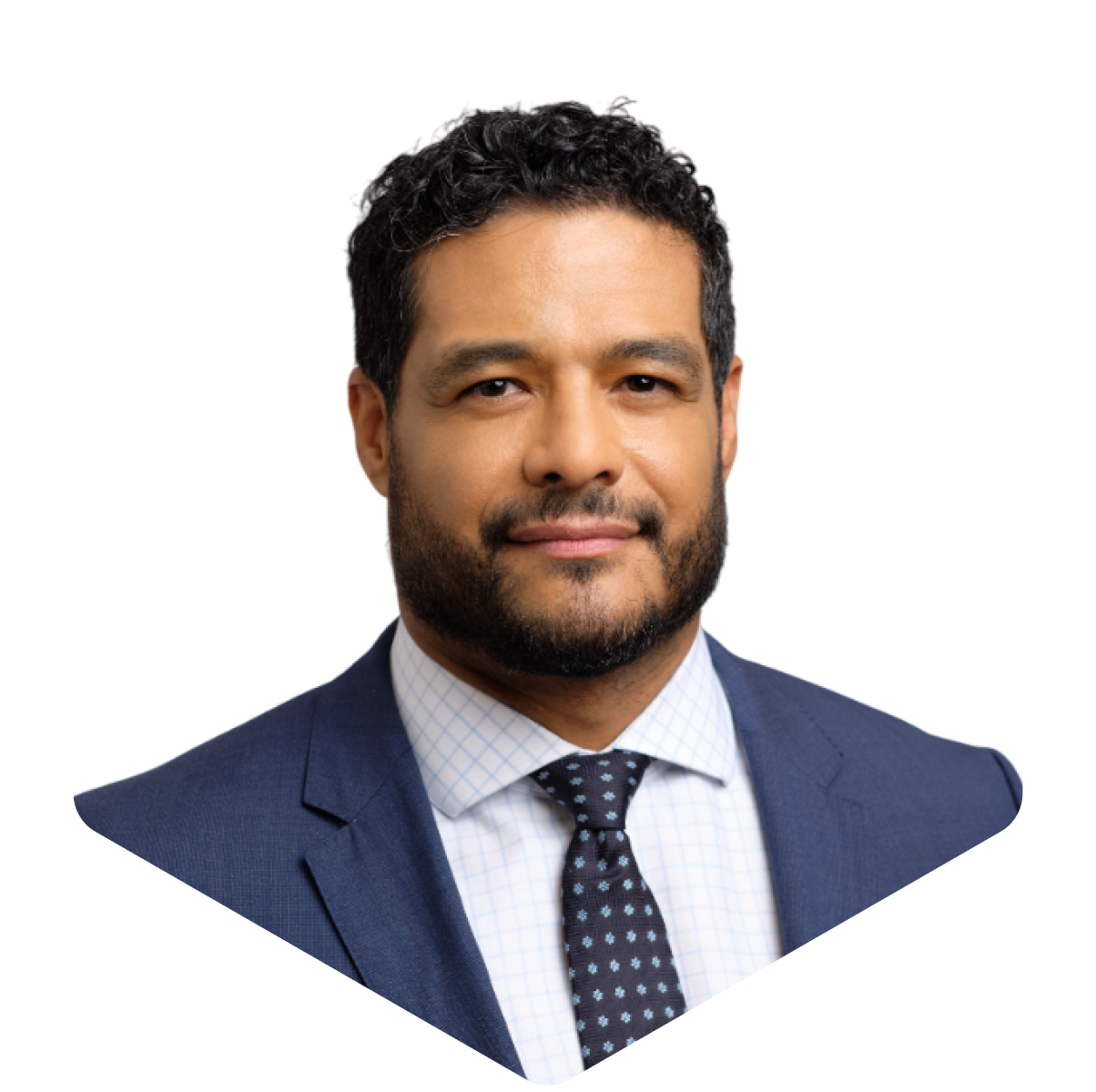 Man in a blue suit with a checkered shirt and polka dot tie, posing against a white background.