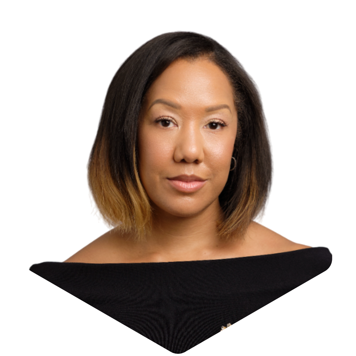 Portrait of a woman with shoulder-length hair and a black off-the-shoulder top on a white background.