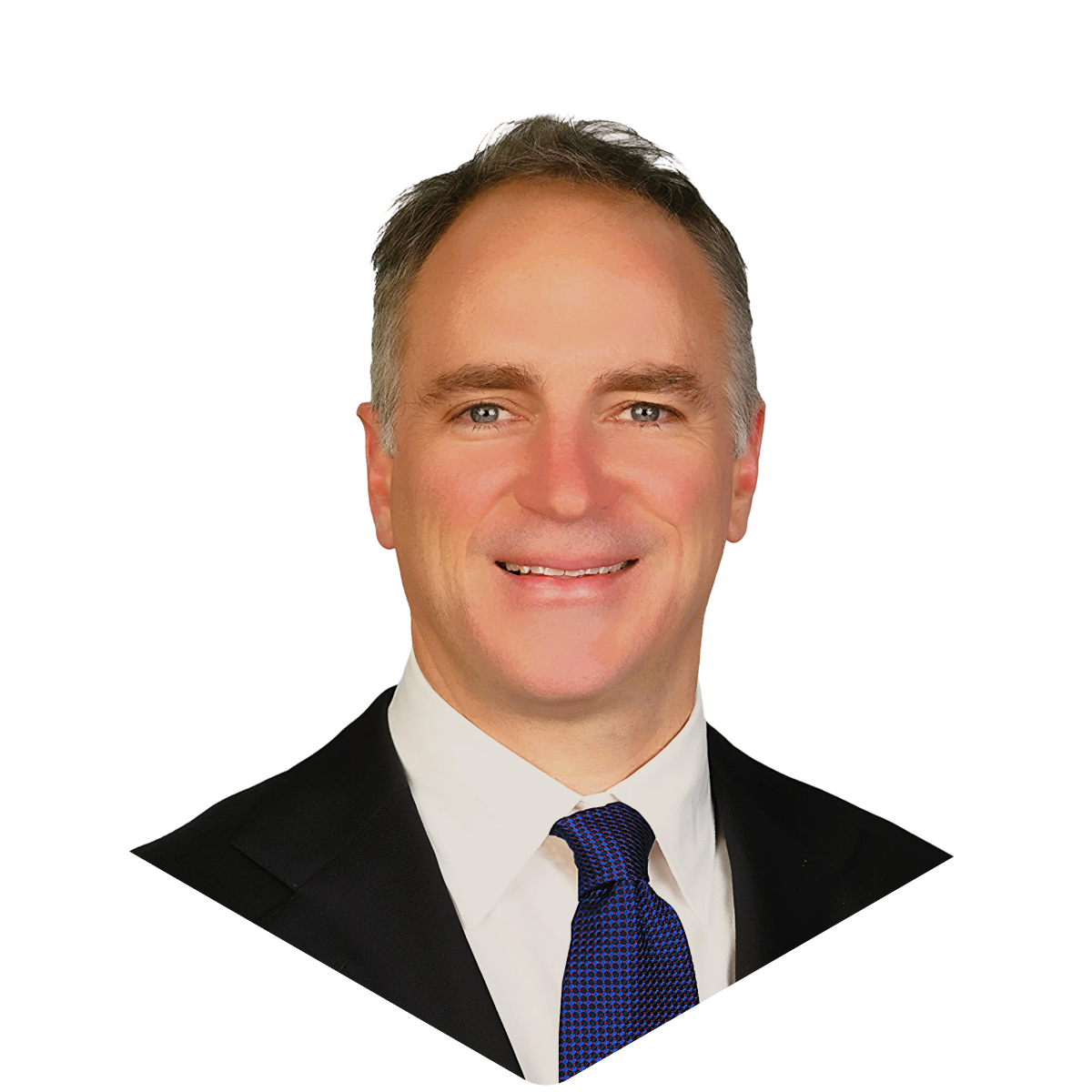 Portrait of a smiling man in a suit and blue tie, isolated on a black background.