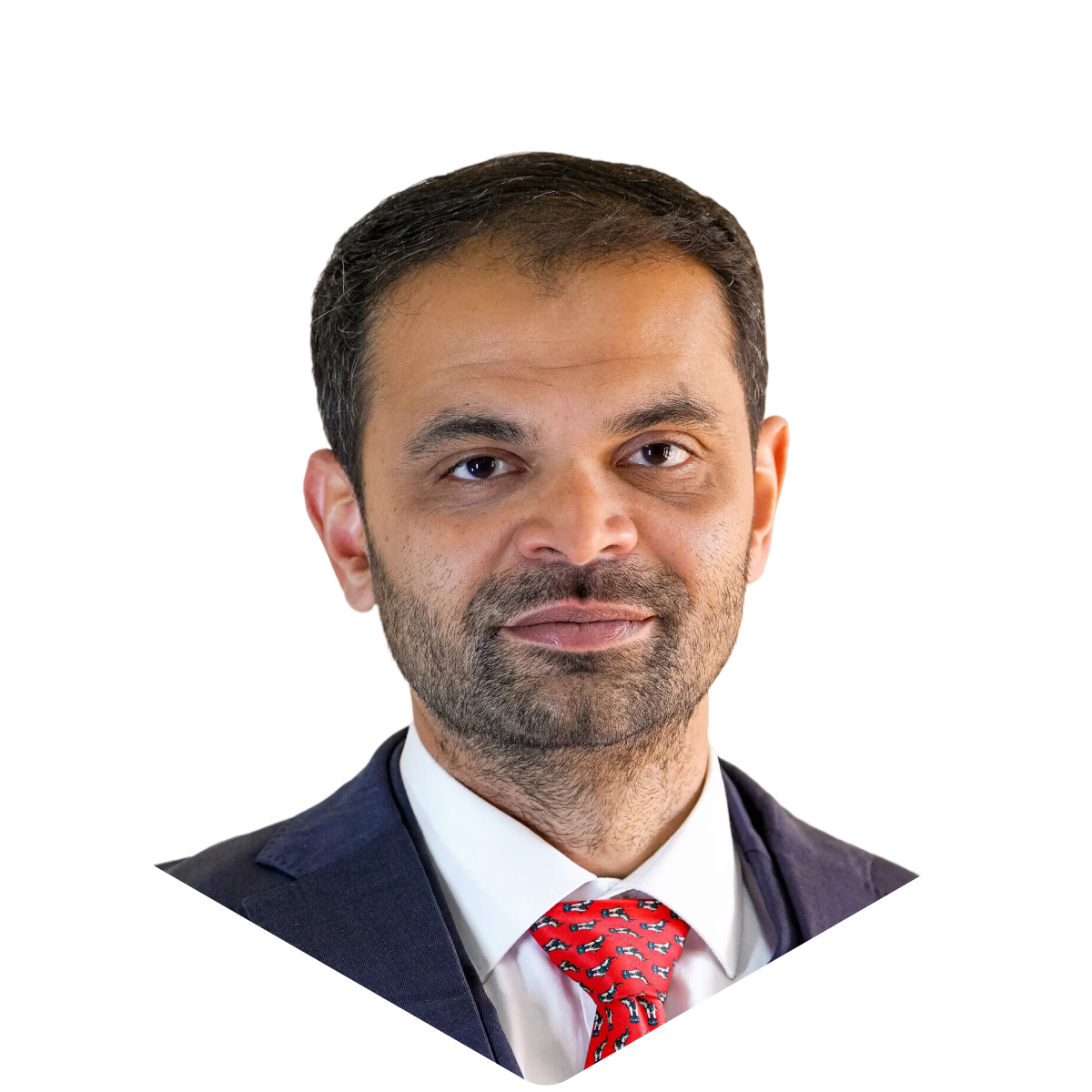 Business professional in a suit and red tie, facing forward with a neutral expression, on a black background.